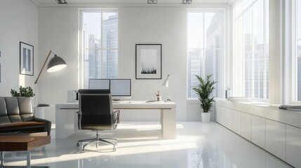 Modern white office interior with large windows, desk, chair, couch, and plants.