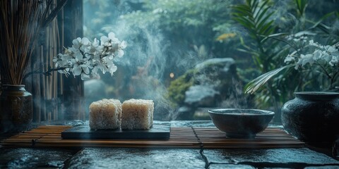 a candle and a bowl of rice on a table