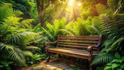 Obraz premium Lush Ferns in a Shaded Garden with a Wooden Bench - Tranquil Outdoor Space for Relaxation, Urban Exploration Photography, Nature and Garden Aesthetics, Serene Atmosphere