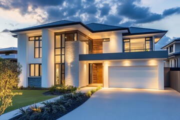 Modern, two-story house with a white exterior and a driveway leading up to the garage. The house has large windows, a flat roof, and a landscaped yard.