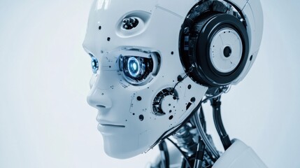 An extreme close-up of a humanoid robot's neural interface for brain-machine interaction, demonstrating cognitive control and neuroprosthetic applications, Robotics technology style