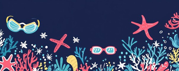 A colorful underwater scene featuring swimming goggles, corals, and starfish.