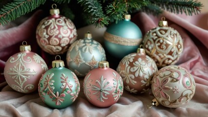 Display of vintage Christmas tree ornaments, antique-style baubles with soft pastel colors