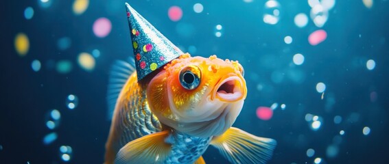 A goldfish wearing a party hat surrounded by colorful confetti in an underwater setting.
