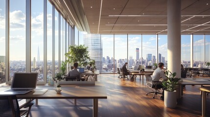 Fototapeta premium Modern Office with City Skyline View