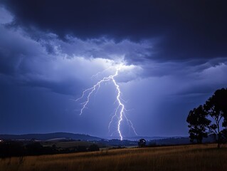 Dramatic Lightning Bolt Strikes Over Stormy Countryside Landscape