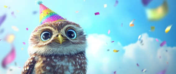 Obraz premium A cheerful owl wearing a party hat amidst colorful confetti and a bright sky.