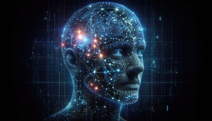 Obraz premium Futuristic AI Concept: Digital Human Head Composed of Neural Networks, Glowing Nodes, and Data Patterns, Representing Deep Learning, Machine Intelligence, and Technological Innovation