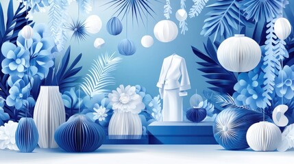 A serene blue-themed floral arrangement with lanterns and a kimono.