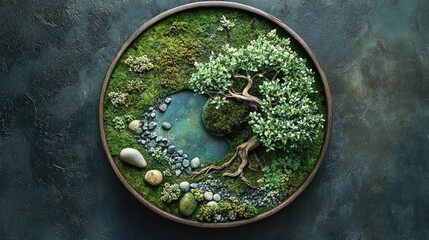 Serene Nature Art with Tree and Tranquil Water Pool