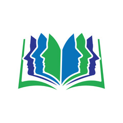 An abstract logo of a an open book in green and blue which has human faces as its pages for psychology or mental related logo