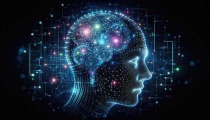Fototapeta premium Futuristic AI Concept: Digital Human Head Composed of Neural Networks, Glowing Nodes, and Data Patterns, Representing Deep Learning, Machine Intelligence, and Technological Innovation