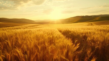 Golden wheat field at sunset with hills in the background.