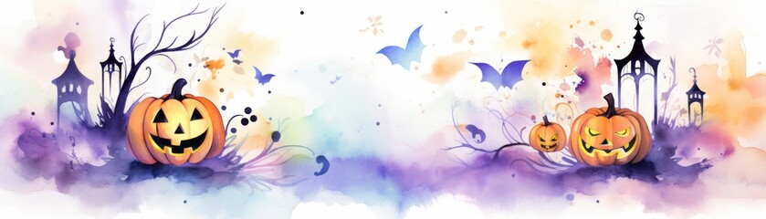 A beautiful watercolor featuring playful pumpkins, flying bats, and whimsical lanterns, perfect for Halloween-themed decorations and events.
