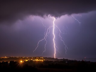 Dramatic Nighttime Storm with Powerful Lightning Strikes Across the Sky