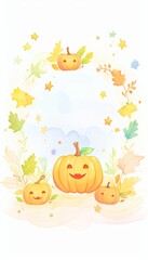 Fototapeta premium Colorful featuring cheerful pumpkins surrounded by autumn leaves and stars, perfect for fall-themed projects and seasonal decorations.
