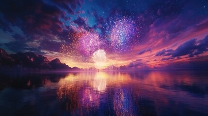 Fototapeta premium Fireworks lighting up the night sky with vibrant colors, reflected perfectly in a serene body of water below