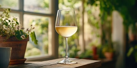 a glass of wine sitting on a table