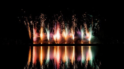 A beautiful display of fireworks exploding in the night sky, their colors perfectly reflected in the still waters below