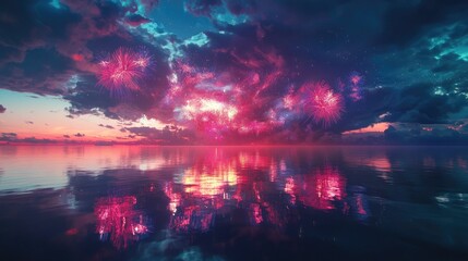 Fototapeta premium A breathtaking display of fireworks lighting up the sky, their colorful explosions mirrored perfectly in the water below