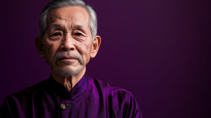 A close-up portrait of an elderly Asian man wearing a purple traditional garment, expressing serenity and wisdom against a simple background