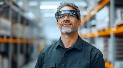 A warehouse worker wearing augmented reality glasses AR technology to picking process. Virtual inventory data is displayed directly on the interface, real-time efficiency and cutting-edge operations.