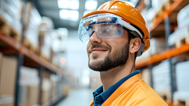 A warehouse worker wearing augmented reality glasses AR technology to picking process. Virtual inventory data is displayed directly on the interface, real-time efficiency and cutting-edge operations. - Powered by Adobe