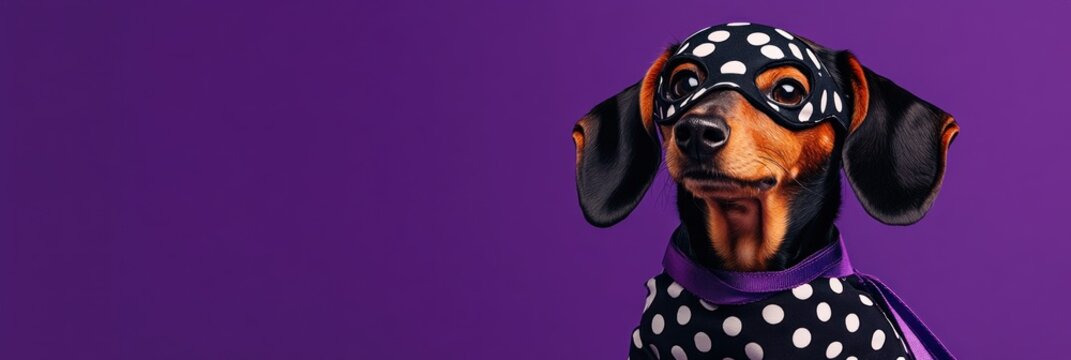 A stylish dog wearing a polka-dot outfit and mask against a purple background.