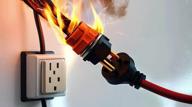 A close-up shot of an electrical cord on fire plugged into a wall outlet.