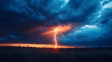 Dramatic Thunderstorm with Powerful Lightning Strike in the Sky