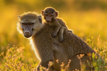 Fototapeta premium A baboon mother carries her young on her back in a golden grassland setting.