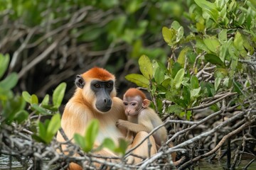 Obraz premium A mother monkey and her baby resting among lush mangrove foliage.