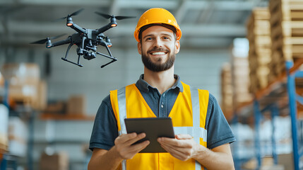 A futuristic warehouse, drones fly above shelves, scan inventory and assisting in stocktaking. Workers on the ground use tablets to monitor operations, the integration of automation and technology.