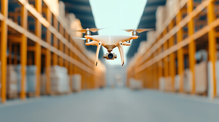 A high-tech warehouse featuring drones scanning inventory above shelves, monitoring operations with tablets, the efficient integration of modern automation in inventory management and logistics.