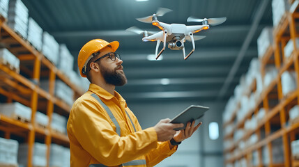 A futuristic warehouse, drones fly above shelves, scan inventory and assisting in stocktaking. Workers on the ground use tablets to monitor operations, the integration of automation and technology.