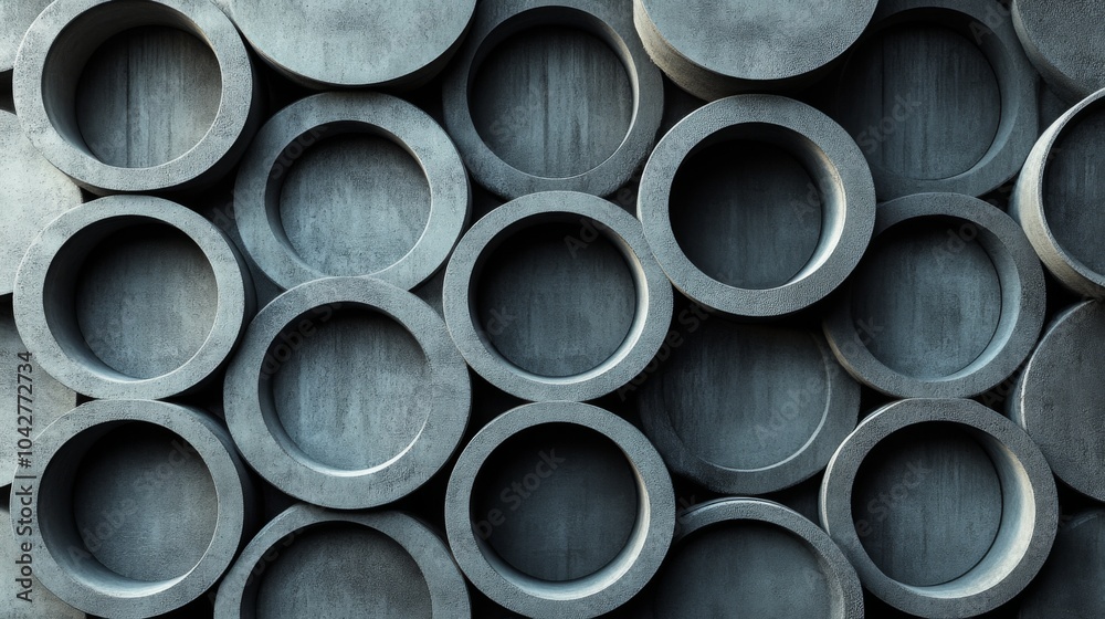 Poster a collection of cylindrical steel tubes is neatly arranged, displaying a variety of textures and sha