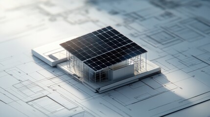 A 3D model of a solar-powered building on architectural blueprints.