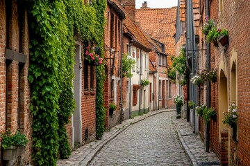 Fototapeta premium A charming cobblestone street lined with brick houses and greenery.