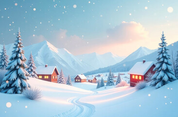 Fototapeta premium Picturesque Christmas and New Year card featuring snow covered red houses nestled in a winter wonderland with pine trees and mountains