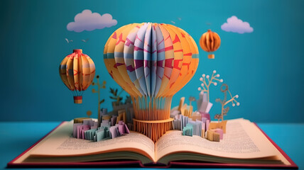 Literacy Day Concept Featuring Open Book with Papercut Hot Air Balloon Design