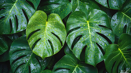 Fototapeta premium Green Tropical Leaves with Raindrops Illustration