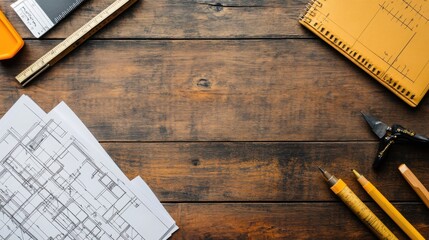 Fototapeta premium A workspace with architectural plans and drafting tools.