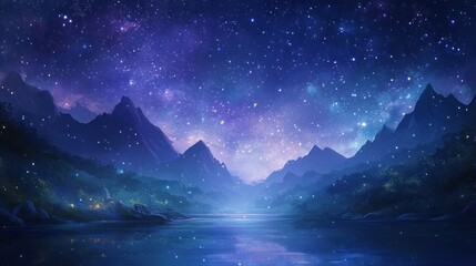 A serene night sky over a lake and mountains, filled with a myriad of stars.