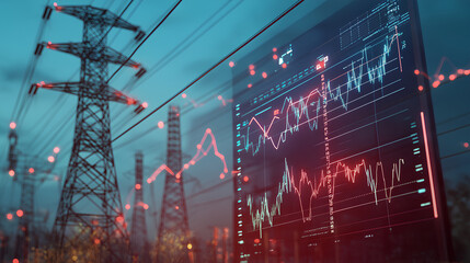 High tech power grid interface displaying data analysis and price graphs, showcasing energy consumption and market trends