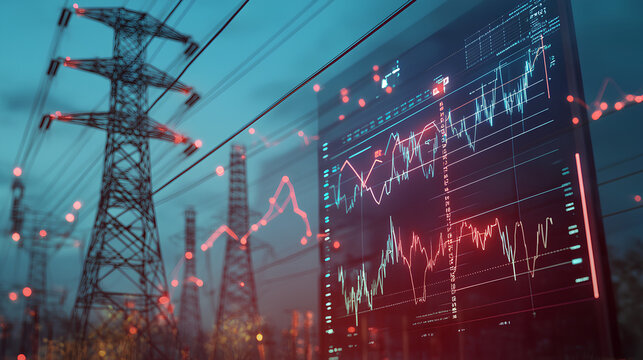 High tech power grid interface displaying data analysis and price graphs, showcasing energy consumption and market trends