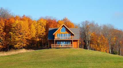 Obraz premium A charming wooden house on a hill, with a panoramic view of colorful fall foliage for Thanksgiving.