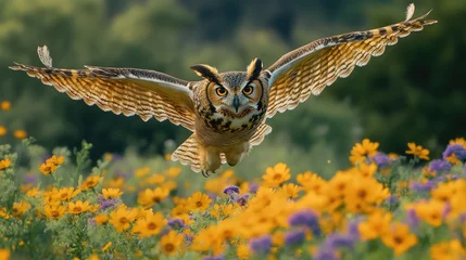 Tableau sur aluminium  Majestic great horned owl flying low over field of flowers  © kardaska
