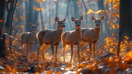 Fototapeta premium Group of fawn deer standing in autumn forest at sunset