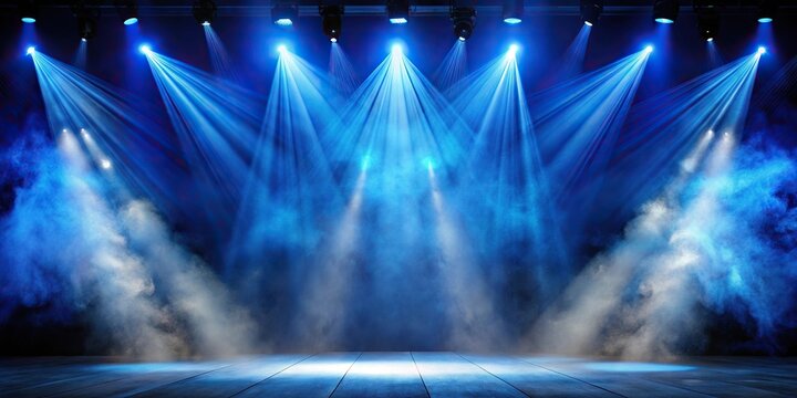 description: The searchlight beams of blue light through theatrical smoke