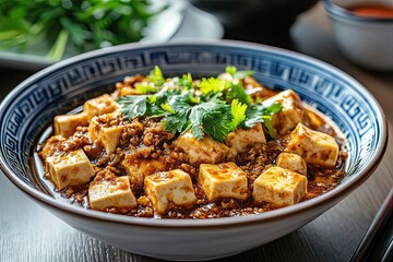 Mapo Tofu Served in a Blue and White Bowl with Cilantro Garnishing